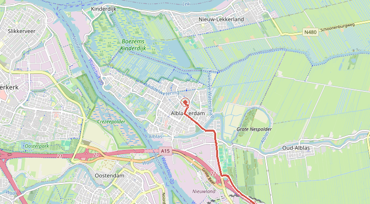 Kaart van de omgeving van de melding, met de kazerne die is gealarmeerd