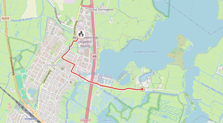 Kaart van de omgeving van de melding, met de kazerne die is gealarmeerd