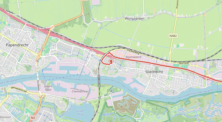 Kaart van de omgeving van de melding, met de kazerne die is gealarmeerd