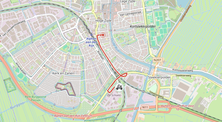 Kaart van de omgeving van de melding, met de kazerne die is gealarmeerd