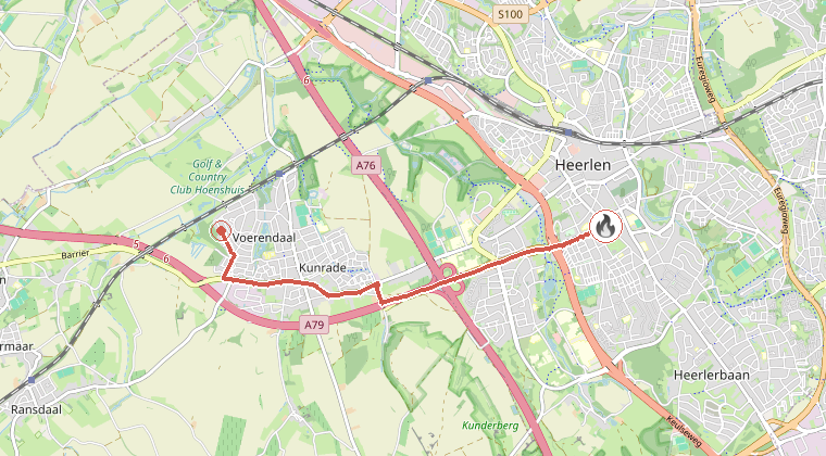 Kaart van de omgeving van de melding, met de kazerne die is gealarmeerd