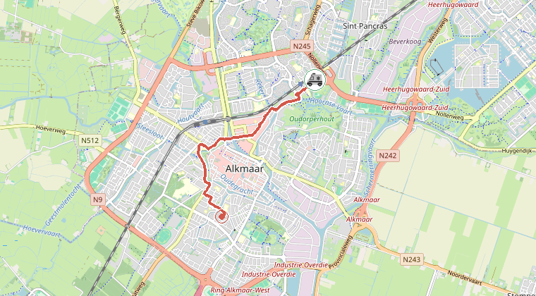 Kaart van de omgeving van de melding, met de kazerne die is gealarmeerd