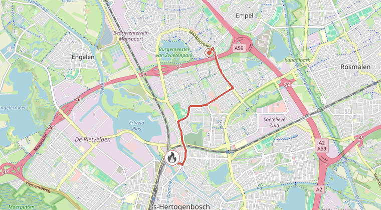 Kaart van de omgeving van de melding, met de kazerne die is gealarmeerd