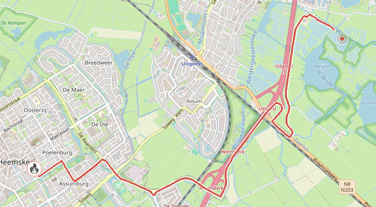 Kaart van de omgeving van de melding, met de kazerne die is gealarmeerd