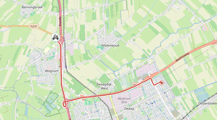 Kaart van de omgeving van de melding, met de kazerne die is gealarmeerd