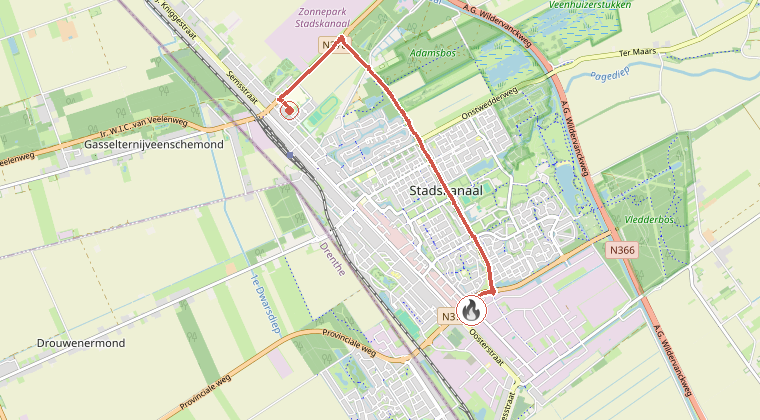 Kaart van de omgeving van de melding, met de kazerne die is gealarmeerd