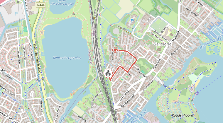 Kaart van de omgeving van de melding, met de kazerne die is gealarmeerd