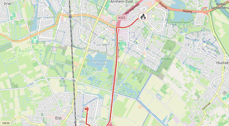 Kaart van de omgeving van de melding, met de kazerne die is gealarmeerd