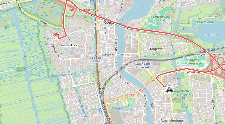 Kaart van de omgeving van de melding, met de kazerne die is gealarmeerd