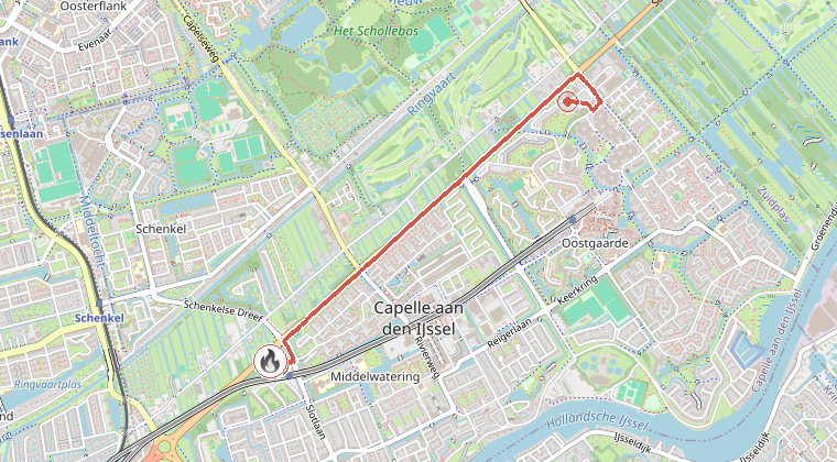 Kaart van de omgeving van de melding, met de kazerne die is gealarmeerd