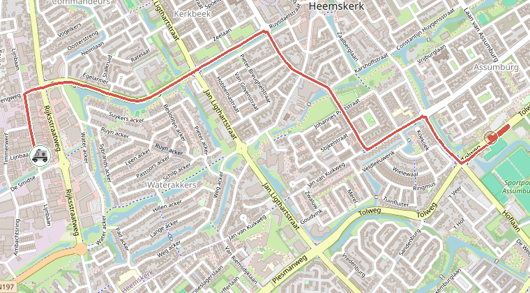 Kaart van de omgeving van de melding, met de kazerne die is gealarmeerd