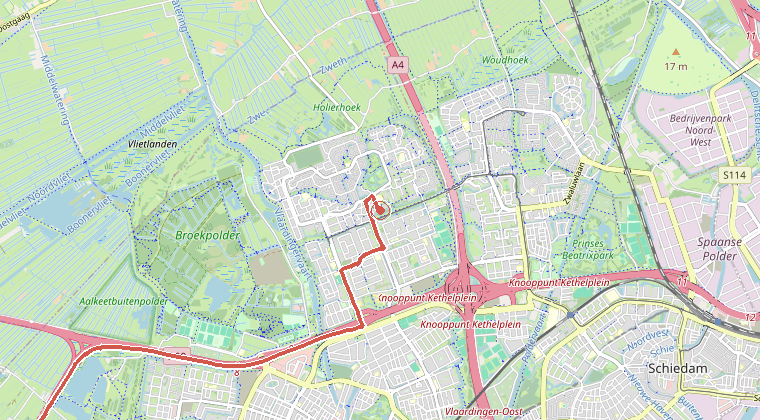 Kaart van de omgeving van de melding, met de kazerne die is gealarmeerd
