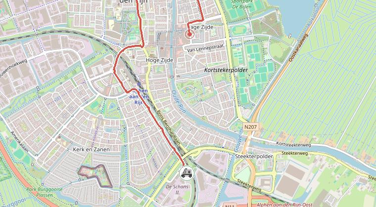 Kaart van de omgeving van de melding, met de kazerne die is gealarmeerd