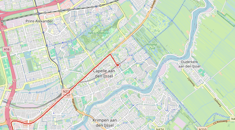Kaart van de omgeving van de melding, met de kazerne die is gealarmeerd