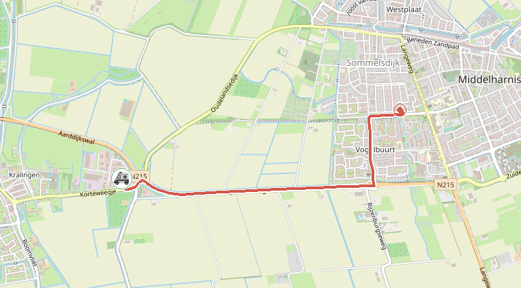 Kaart van de omgeving van de melding, met de kazerne die is gealarmeerd