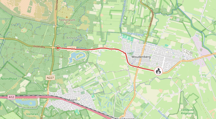 Kaart van de omgeving van de melding, met de kazerne die is gealarmeerd