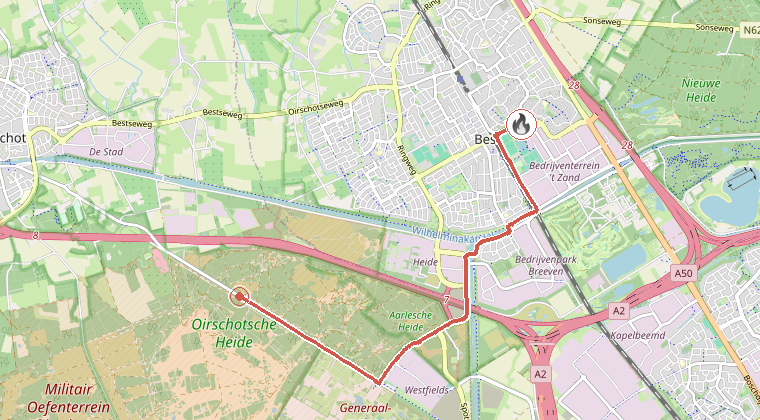 Kaart van de omgeving van de melding, met de kazerne die is gealarmeerd