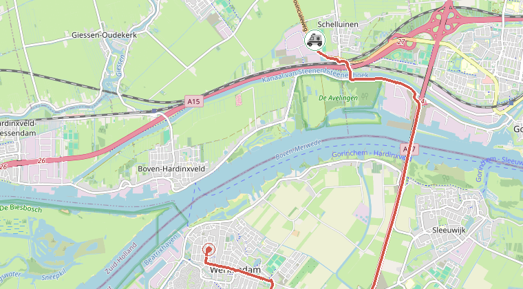 Kaart van de omgeving van de melding, met de kazerne die is gealarmeerd