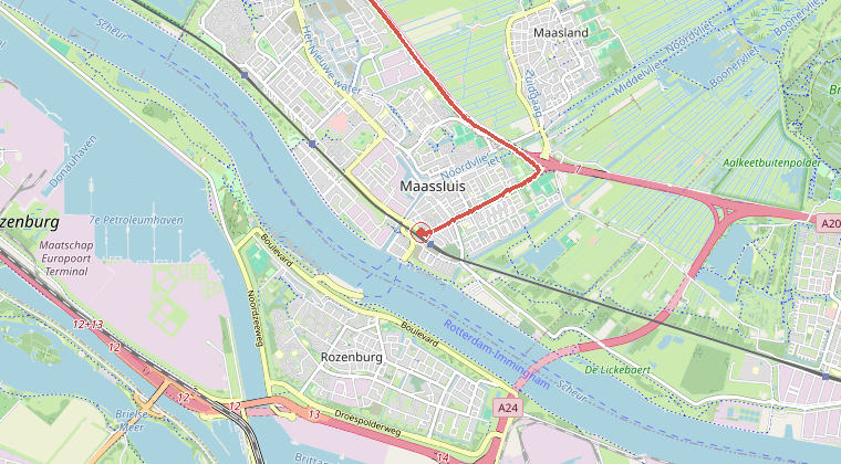 Kaart van de omgeving van de melding, met de kazerne die is gealarmeerd