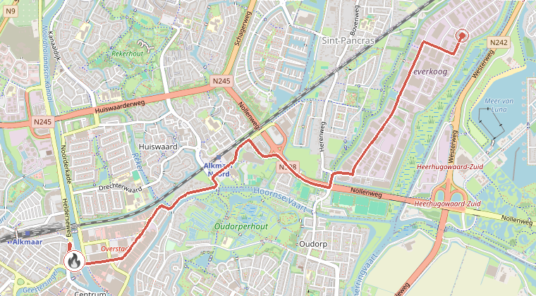 Kaart van de omgeving van de melding, met de kazerne die is gealarmeerd