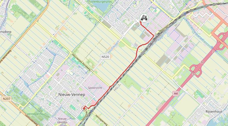 Kaart van de omgeving van de melding, met de kazerne die is gealarmeerd