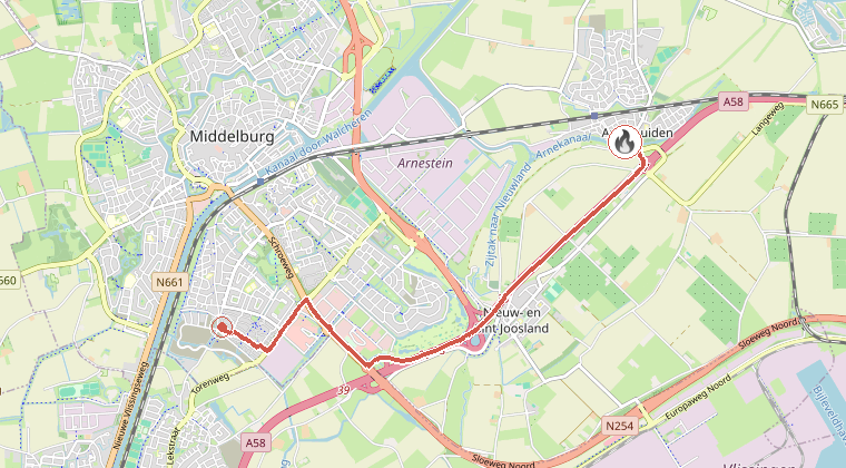 Kaart van de omgeving van de melding, met de kazerne die is gealarmeerd