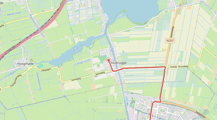 Kaart van de omgeving van de melding, met de kazerne die is gealarmeerd