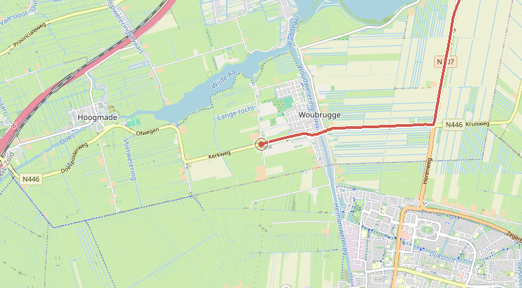 Kaart van de omgeving van de melding, met de kazerne die is gealarmeerd