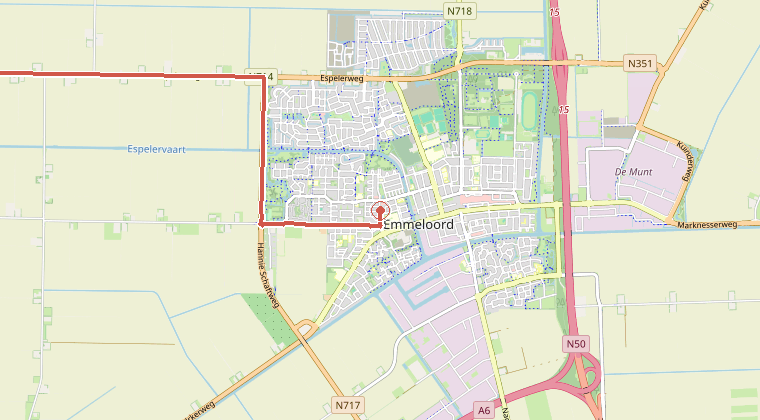 Kaart van de omgeving van de melding, met de kazerne die is gealarmeerd
