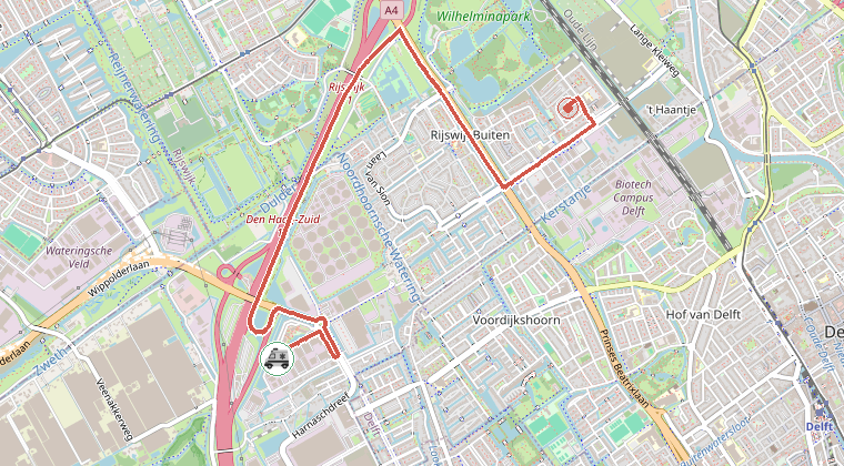 Kaart van de omgeving van de melding, met de kazerne die is gealarmeerd