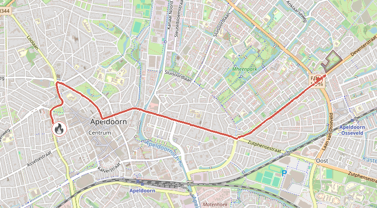 Kaart van de omgeving van de melding, met de kazerne die is gealarmeerd