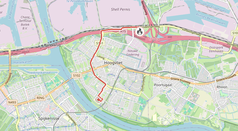 Kaart van de omgeving van de melding, met de kazerne die is gealarmeerd