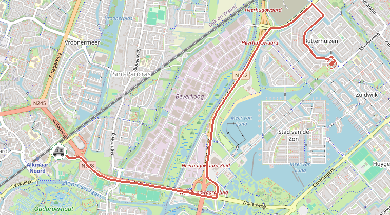 Kaart van de omgeving van de melding, met de kazerne die is gealarmeerd
