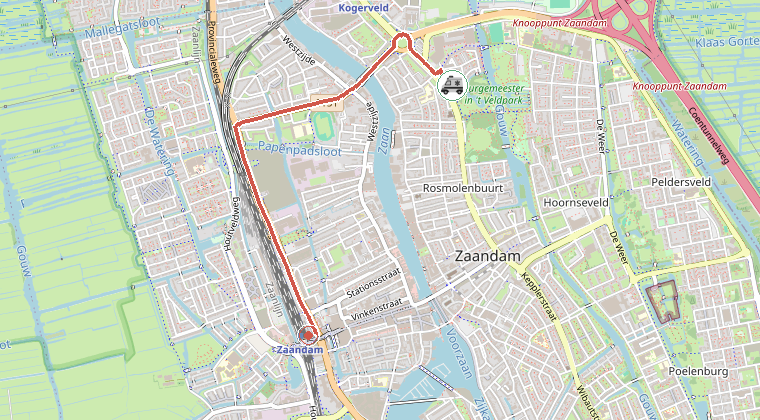 Kaart van de omgeving van de melding, met de kazerne die is gealarmeerd