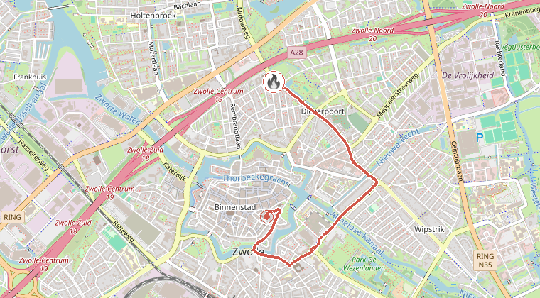 Kaart van de omgeving van de melding, met de kazerne die is gealarmeerd