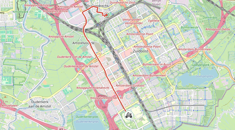Kaart van de omgeving van de melding, met de kazerne die is gealarmeerd