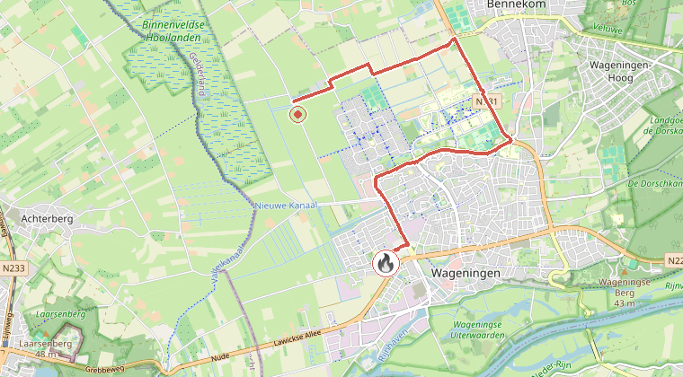 Kaart van de omgeving van de melding, met de kazerne die is gealarmeerd