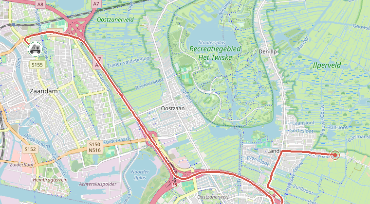 Kaart van de omgeving van de melding, met de kazerne die is gealarmeerd