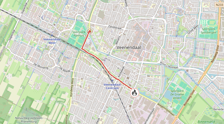 Kaart van de omgeving van de melding, met de kazerne die is gealarmeerd