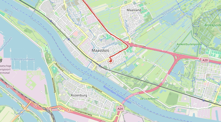Kaart van de omgeving van de melding, met de kazerne die is gealarmeerd