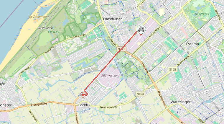 Kaart van de omgeving van de melding, met de kazerne die is gealarmeerd