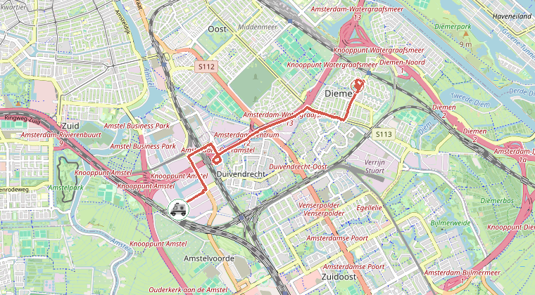 Kaart van de omgeving van de melding, met de kazerne die is gealarmeerd