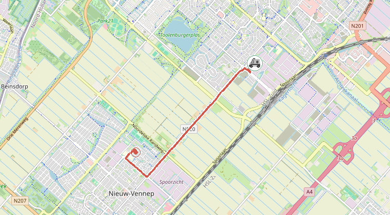 Kaart van de omgeving van de melding, met de kazerne die is gealarmeerd