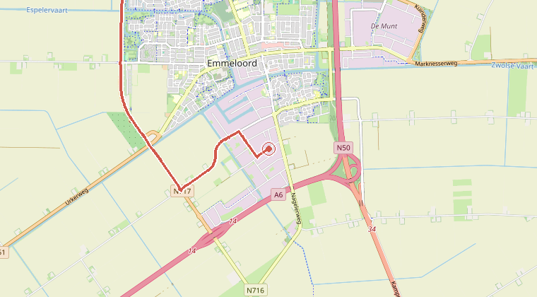 Kaart van de omgeving van de melding, met de kazerne die is gealarmeerd