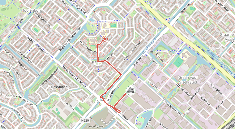 Kaart van de omgeving van de melding, met de kazerne die is gealarmeerd