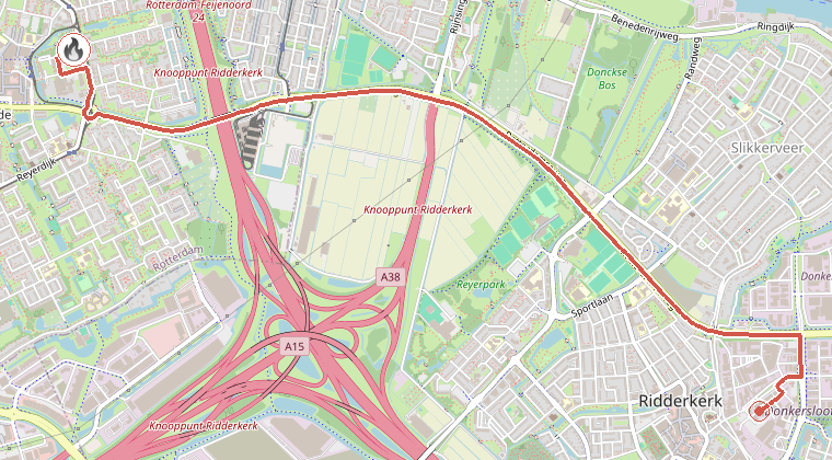 Kaart van de omgeving van de melding, met de kazerne die is gealarmeerd