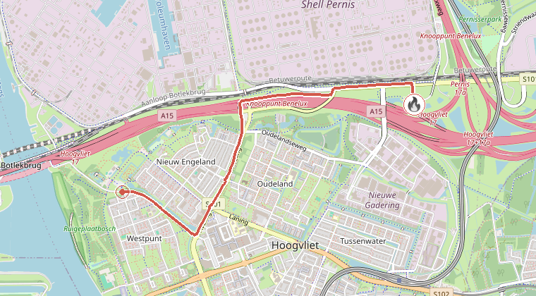Kaart van de omgeving van de melding, met de kazerne die is gealarmeerd