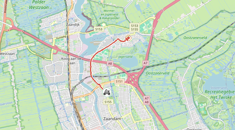 Kaart van de omgeving van de melding, met de kazerne die is gealarmeerd