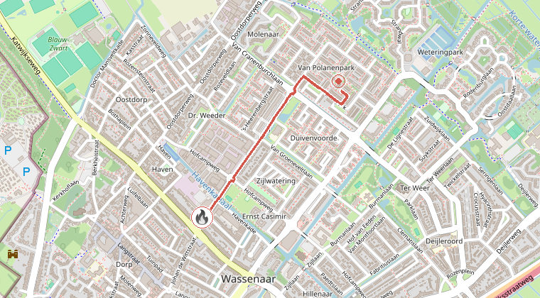 Kaart van de omgeving van de melding, met de kazerne die is gealarmeerd