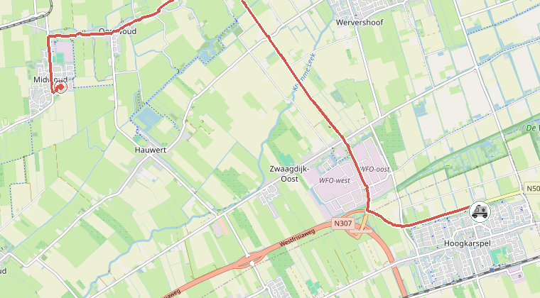 Kaart van de omgeving van de melding, met de kazerne die is gealarmeerd
